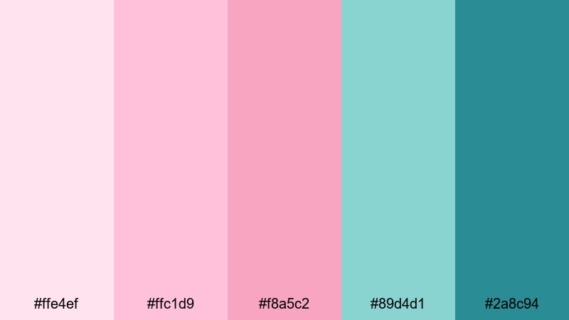 blush tide whisper pink teal color palette with hex codes