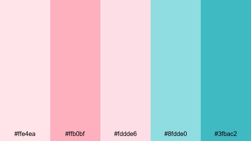 blush tide whisper pink turquoise color palette with hex codes