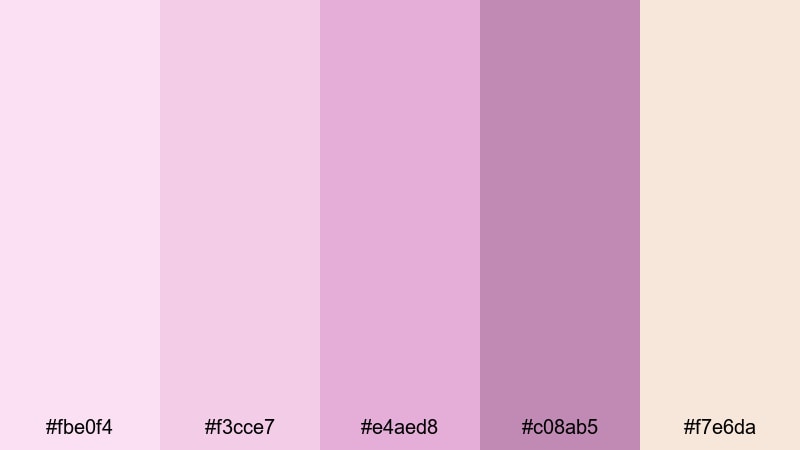 blushing dusk whisper pink lilac color palette with hex codes