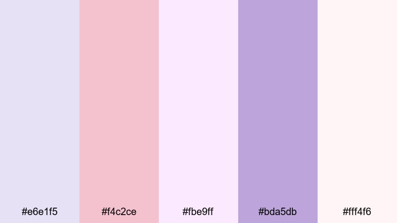 blushing lilac daydream pale lavender color palette with hex codes