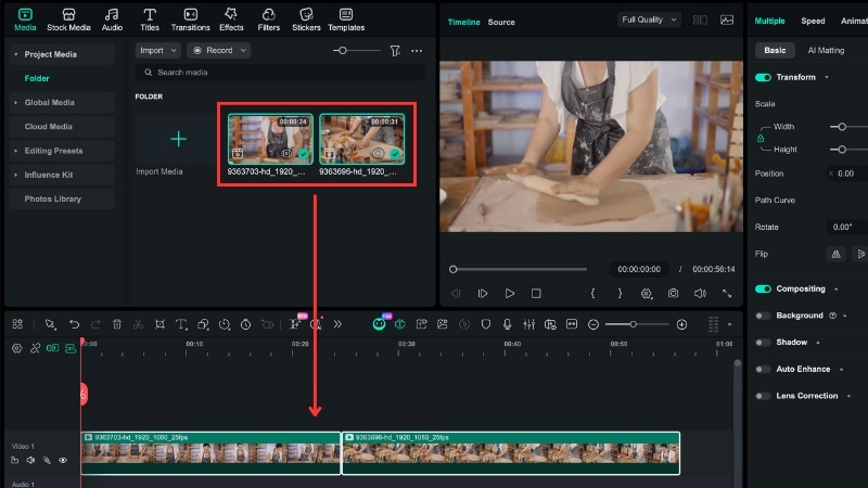 placer deux clips sur la timeline