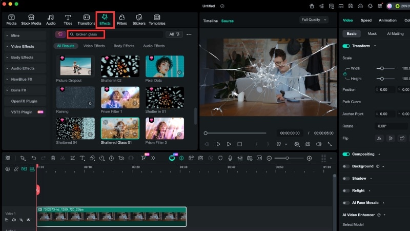 rechercher l’effet de verre brisé dans Filmora