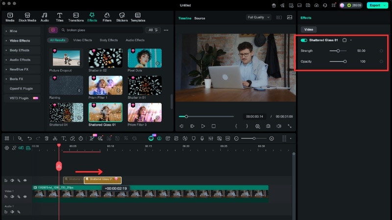 ajuster les paramètres de l’effet de verre brisé