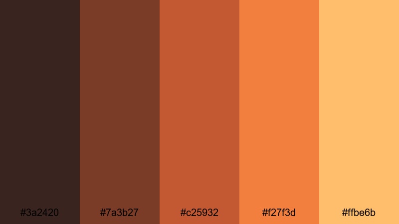 burnt sienna roadtrip brown yellow orange color palette with hex codes