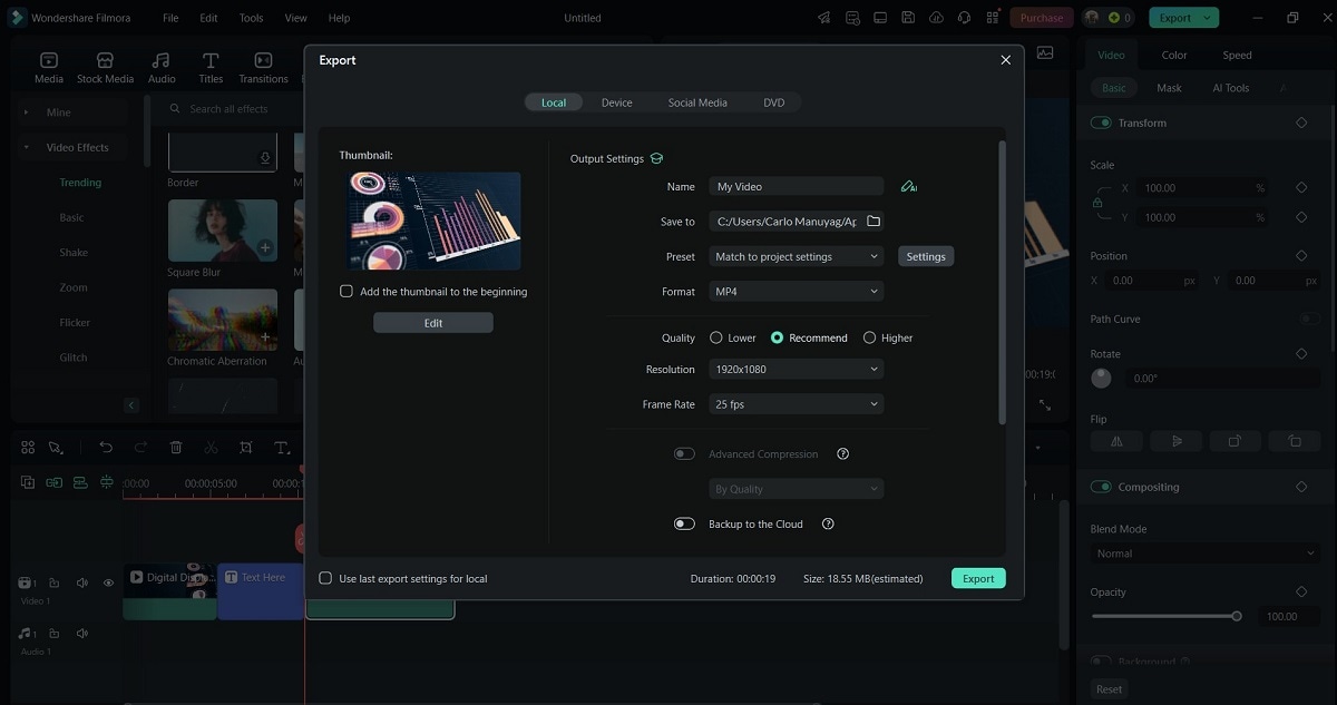 filmora export window