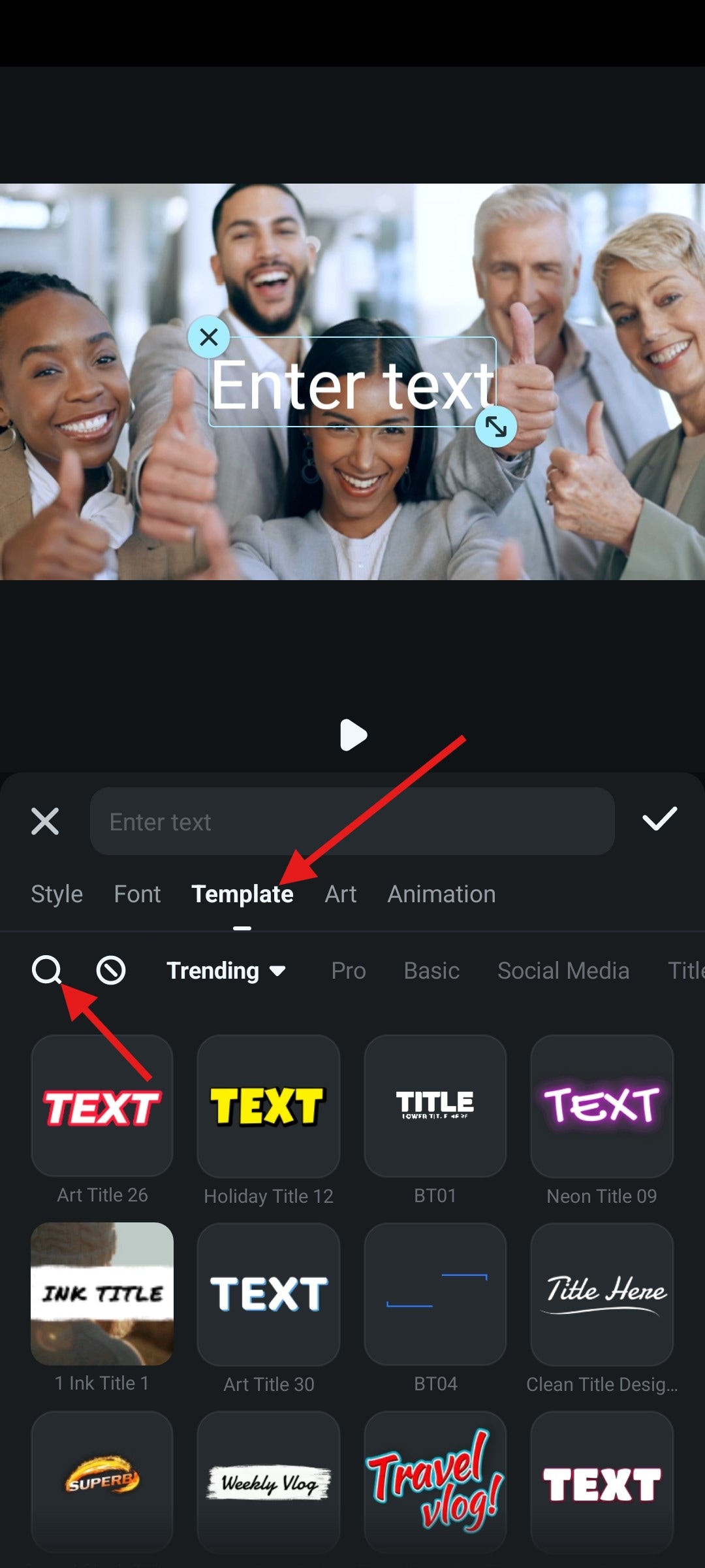 search for specific text template filmora