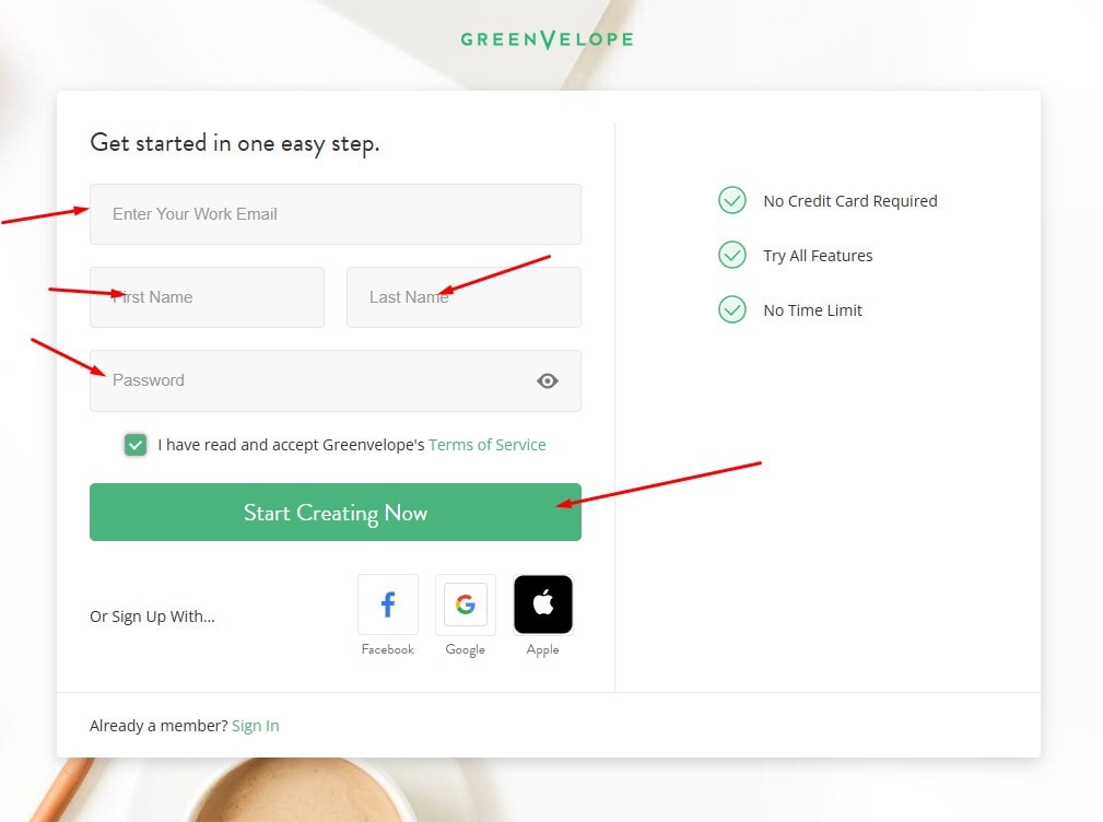 create a new account on greenvelope