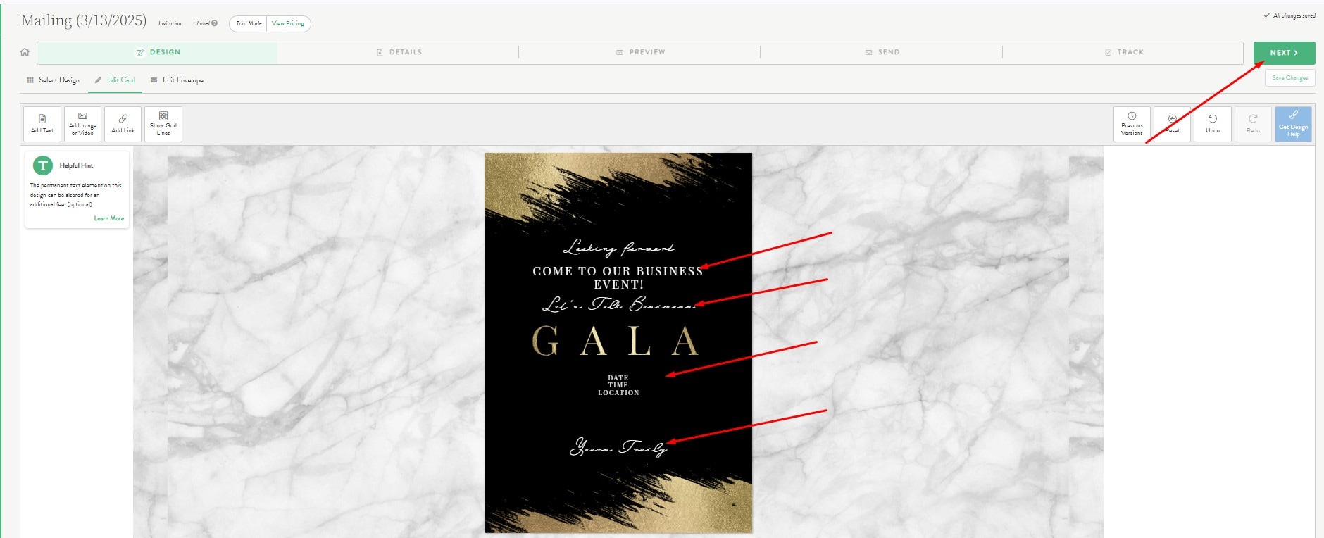 edit text in a business invitation