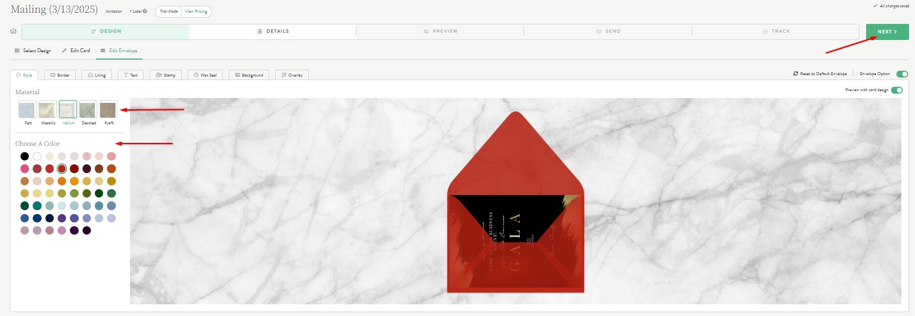 edit the envelope material and color