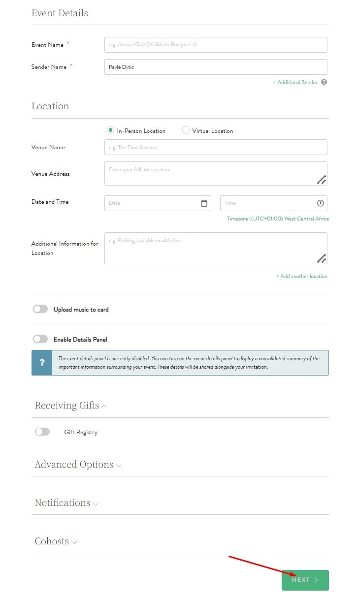 input event information using greenvelope website