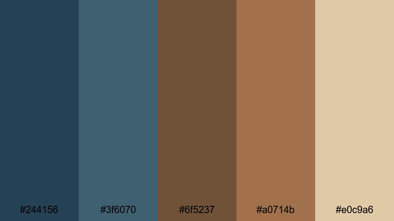 cabin lake reflections brown blue color palette with hex codes
