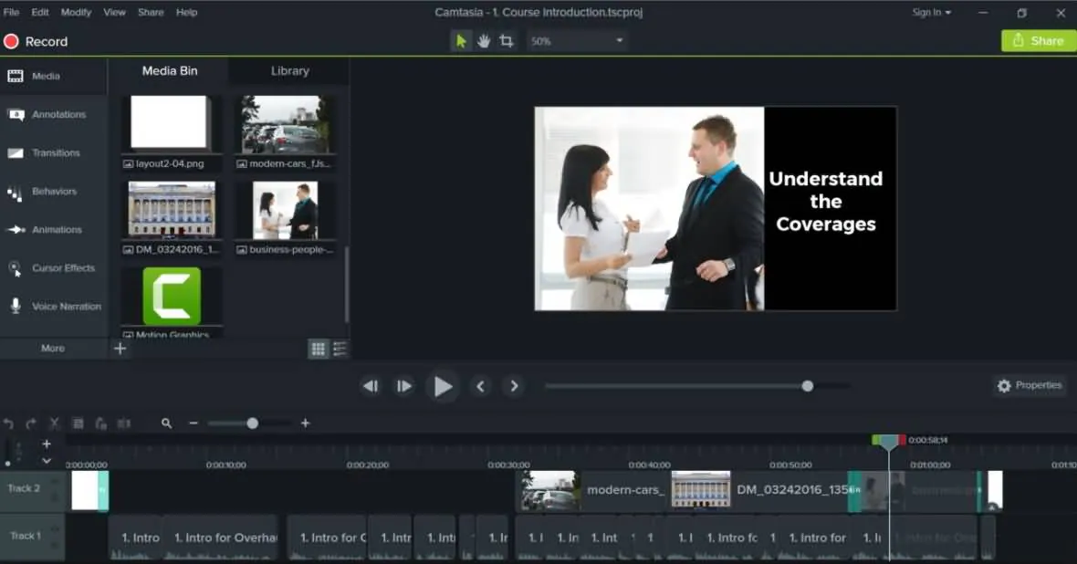 Interfaccia di editing di Camtasia