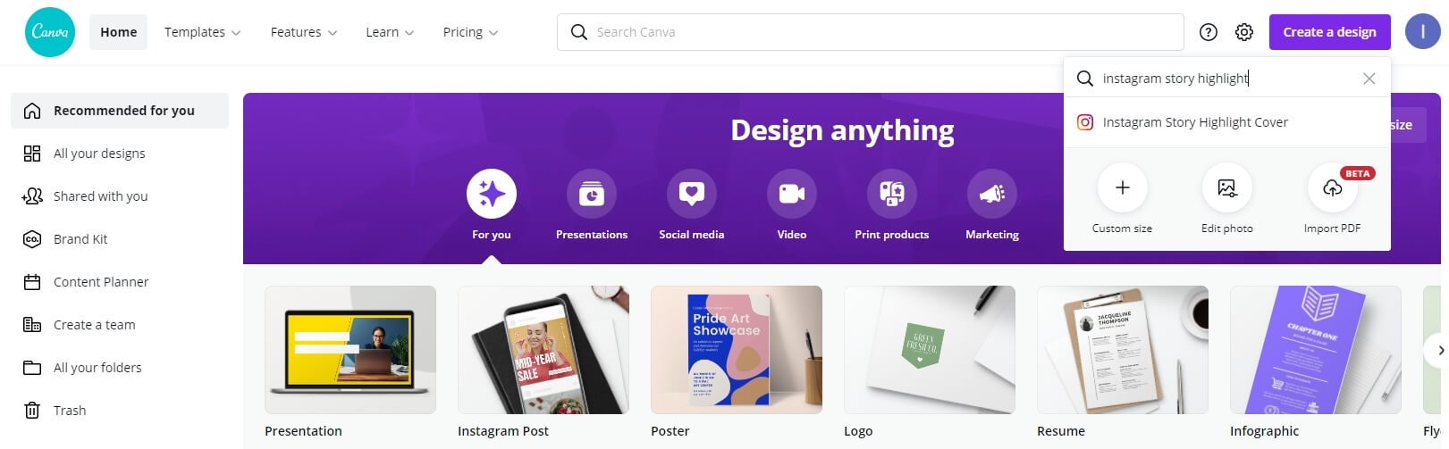 Canva create a highlight cover design