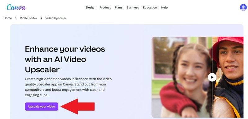Canva AI動画アップスケーラーページにアクセス