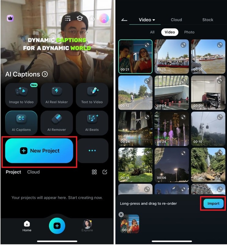 create new project and import clips