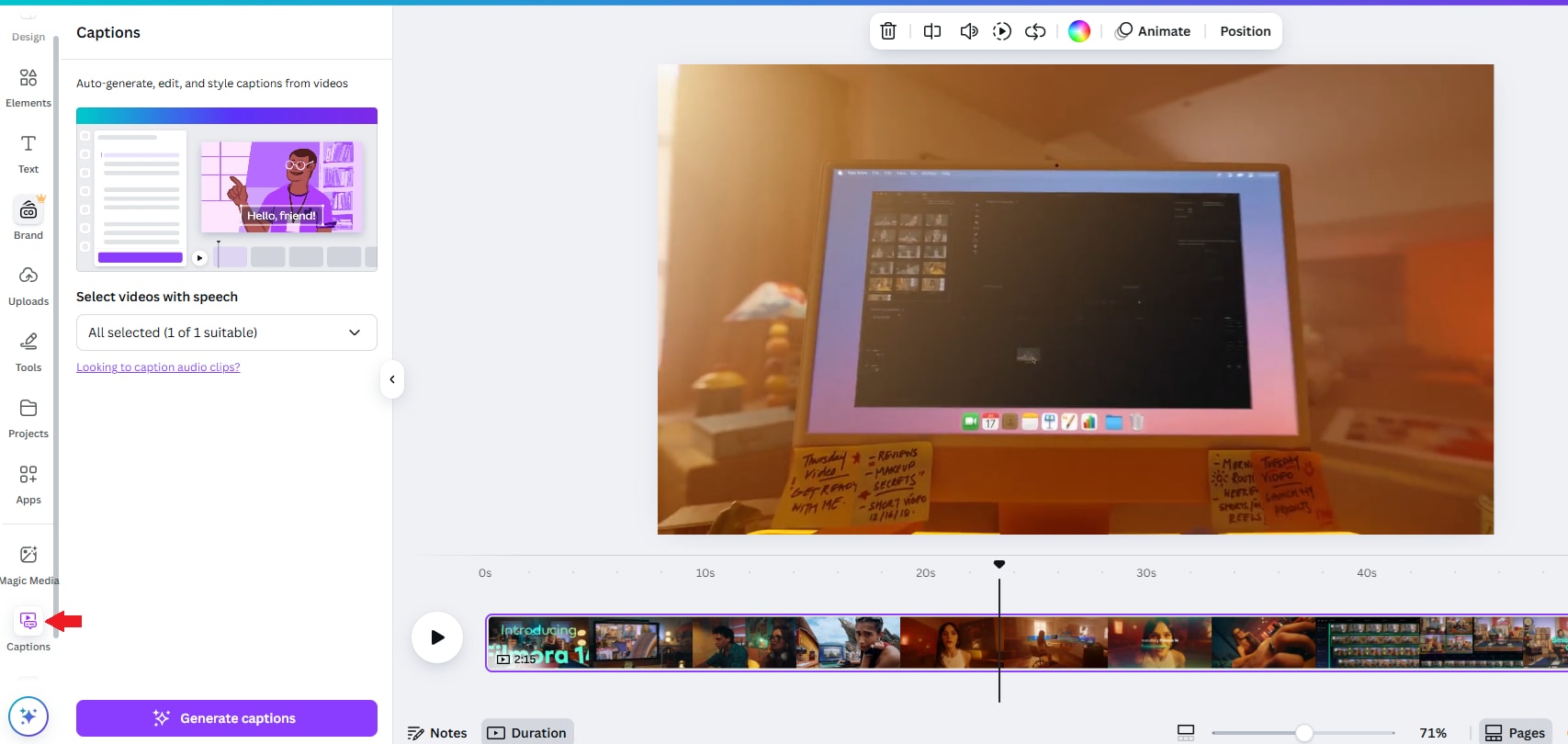 click captions tab