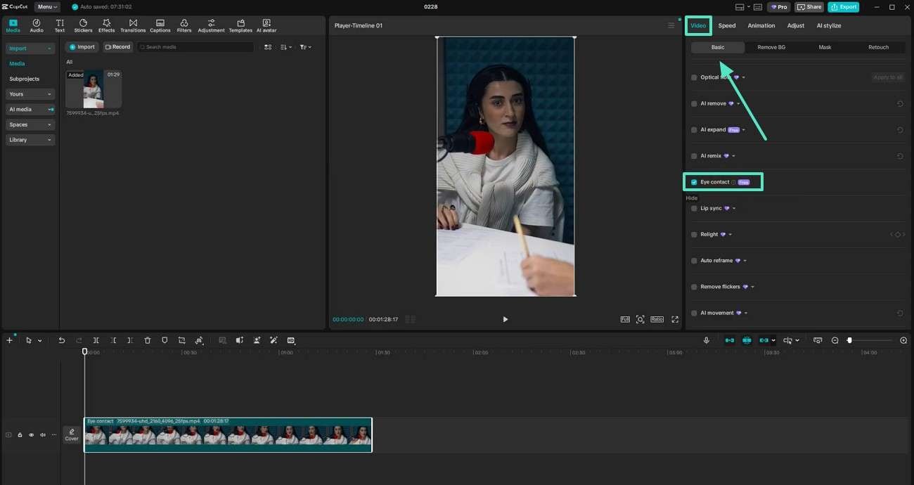 enable eye contact feature capcut