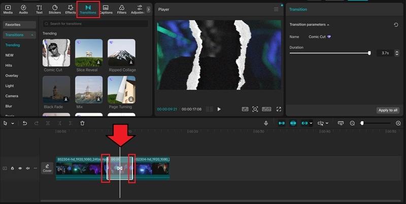 add transition to capcut timeline