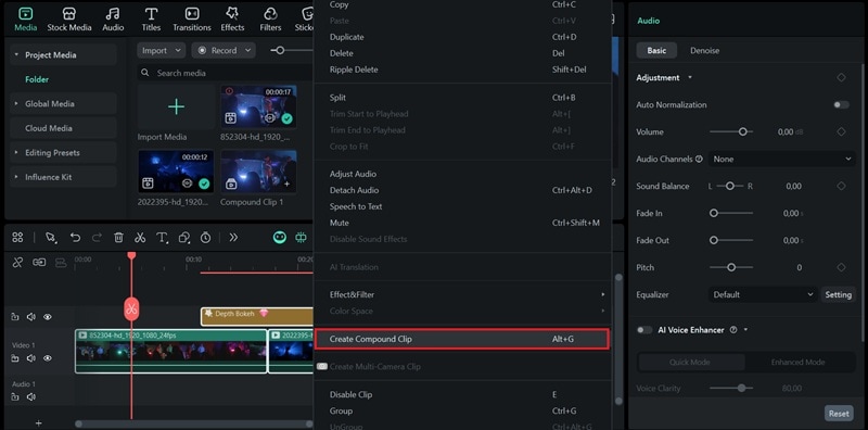 create compound clip on filmora