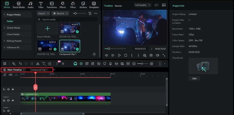 compound clip and main timeline tabs