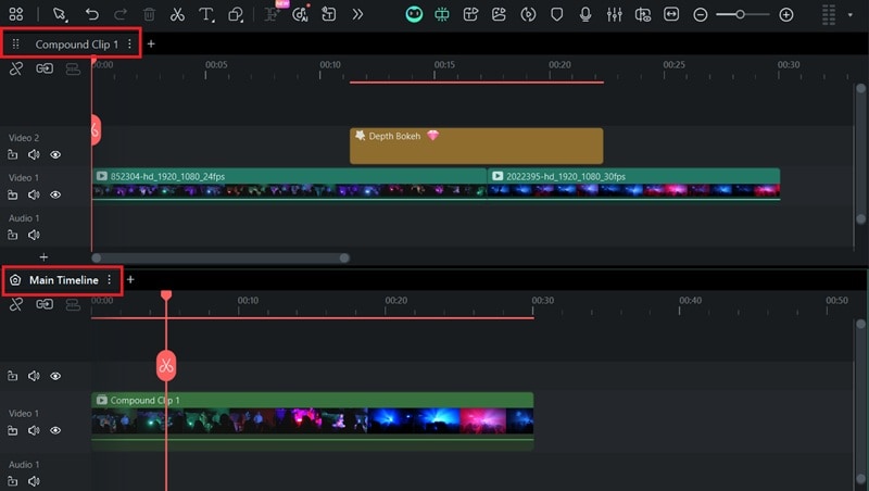 finished enabling dual timeline on filmora