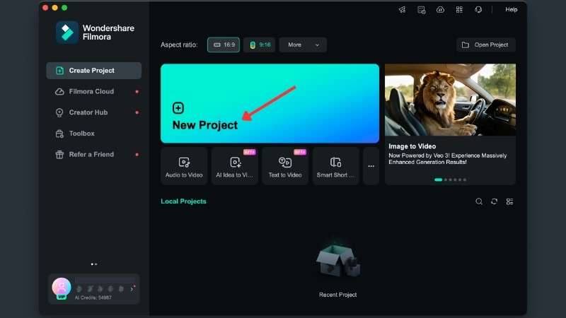 open filmora and click new project