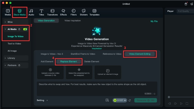 find the replace element feature in filmora