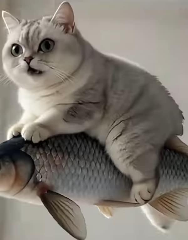 kitten rides on a fish
