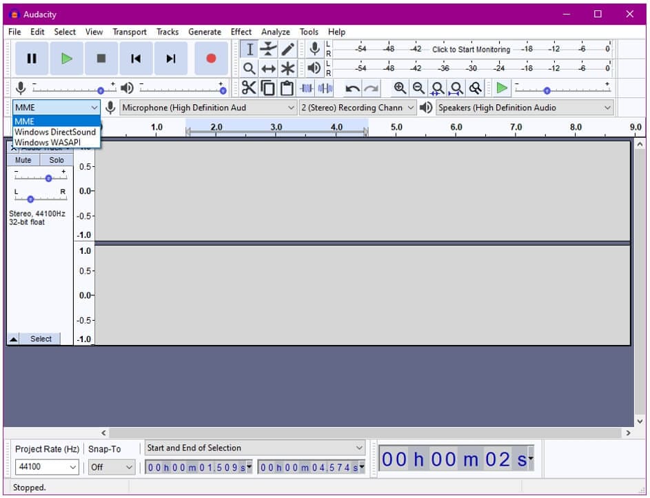 cambia el host de audio en audacity 