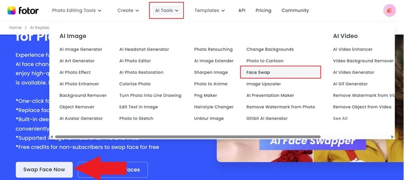 access fotor face swap feature