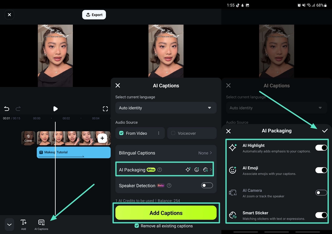 add ai captions to filmora app