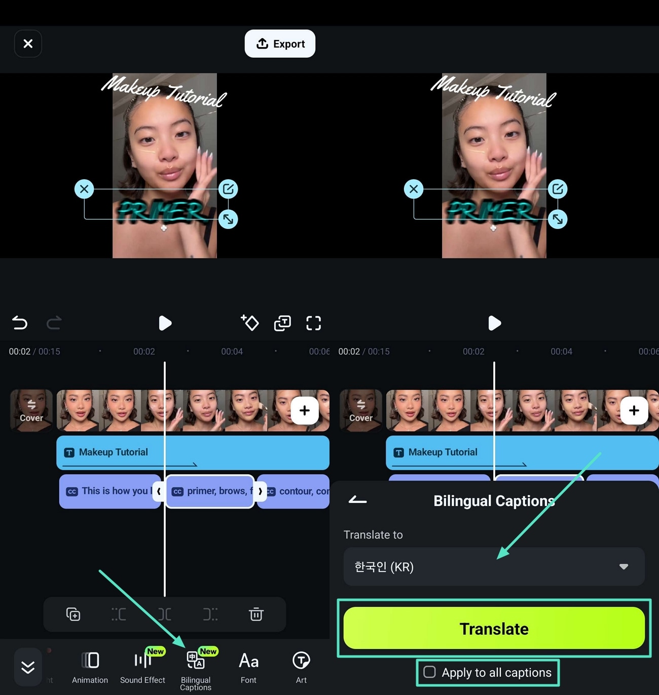 translate captions to different languages