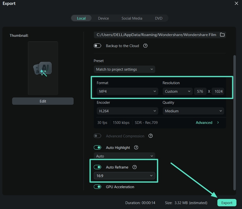 resolution format and auto reframe to export
