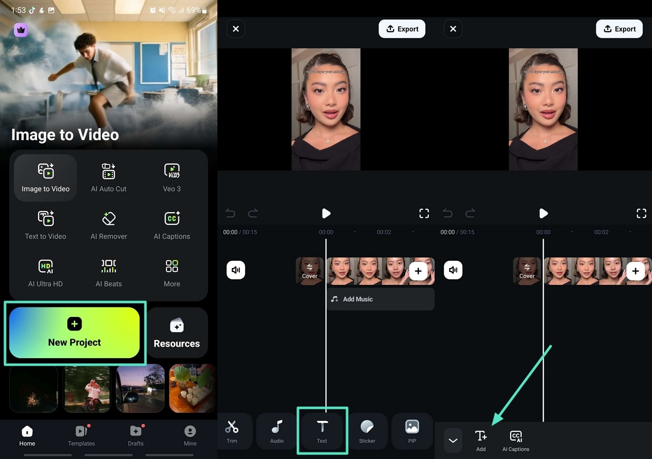 access add text feature filmora app
