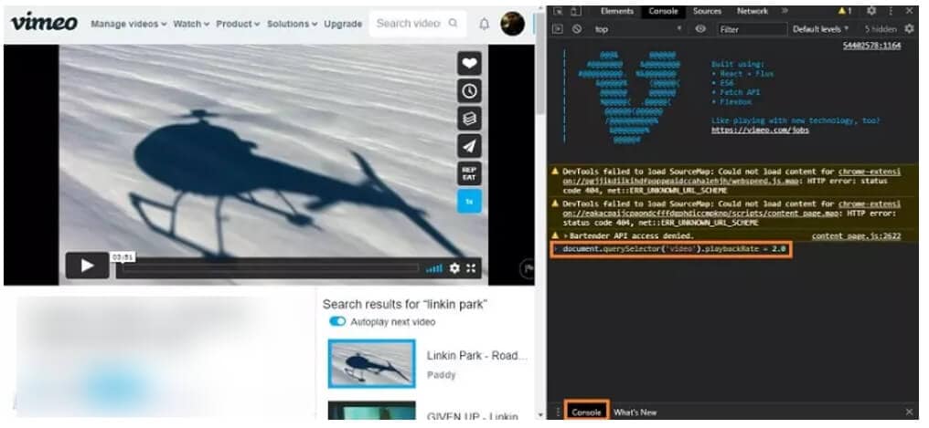 outil de développement pour modifier la vitesse des vidéos vimeo