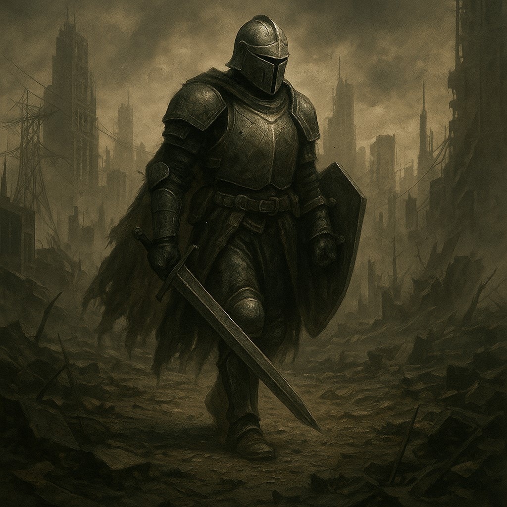A poster of a knight in a dystopian world by chatgpt.