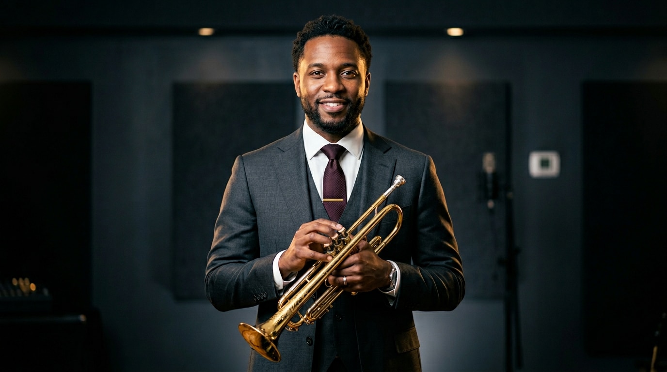 Craft perfect album cover art with a jazz musician portrait AI photo