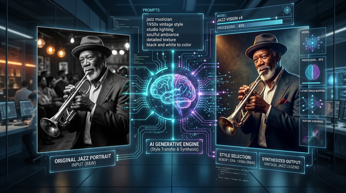 Engage audience visually with stylish jazz artist portrait AI