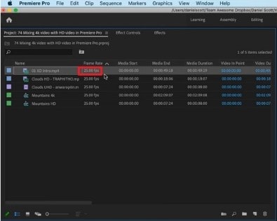 verifique a taxa de quadros do vídeo no Premiere Pro