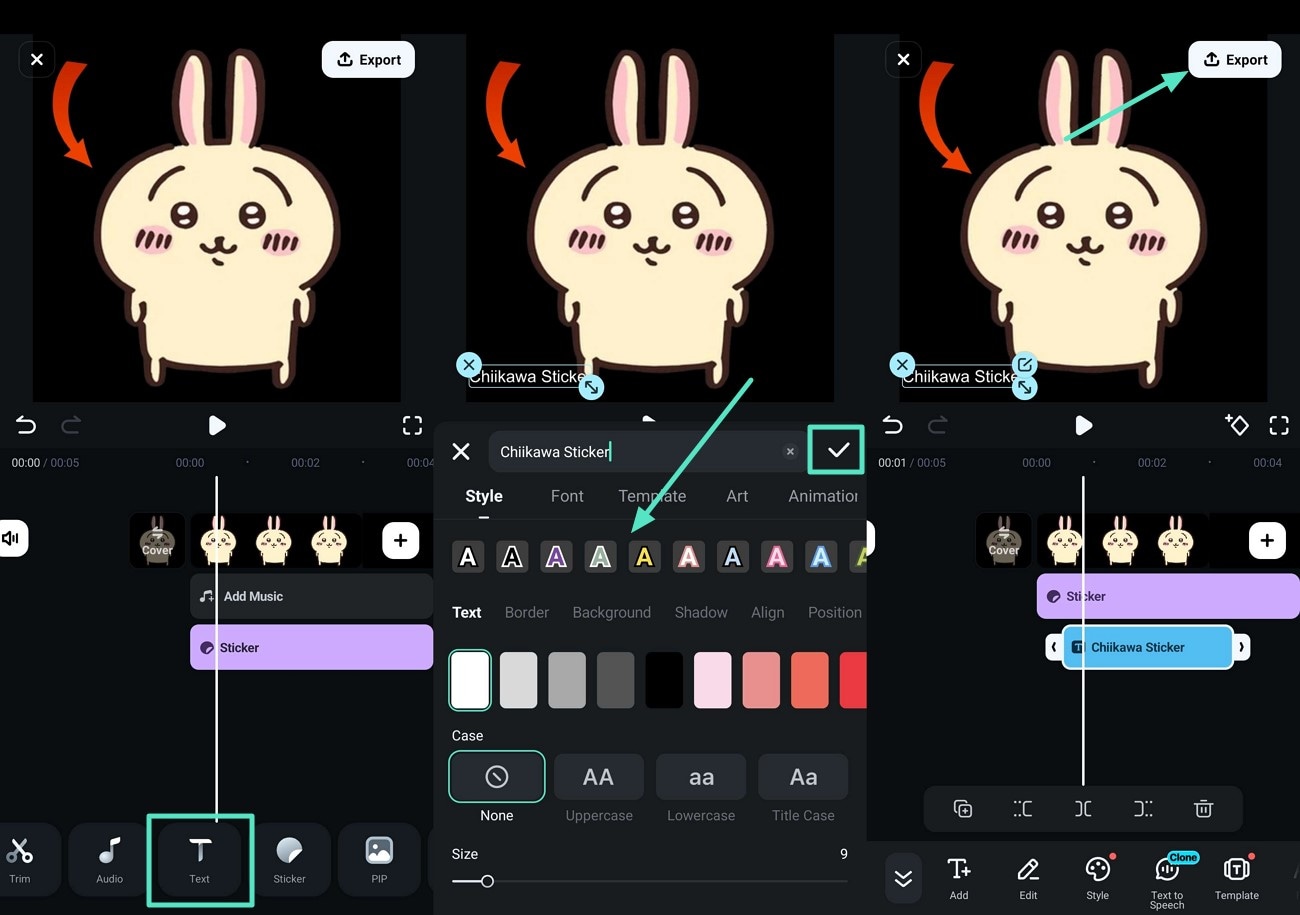 insert text and tap export