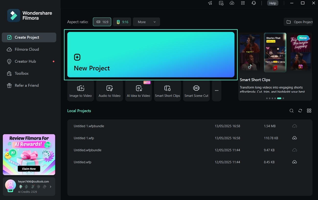 launch filmora start new project