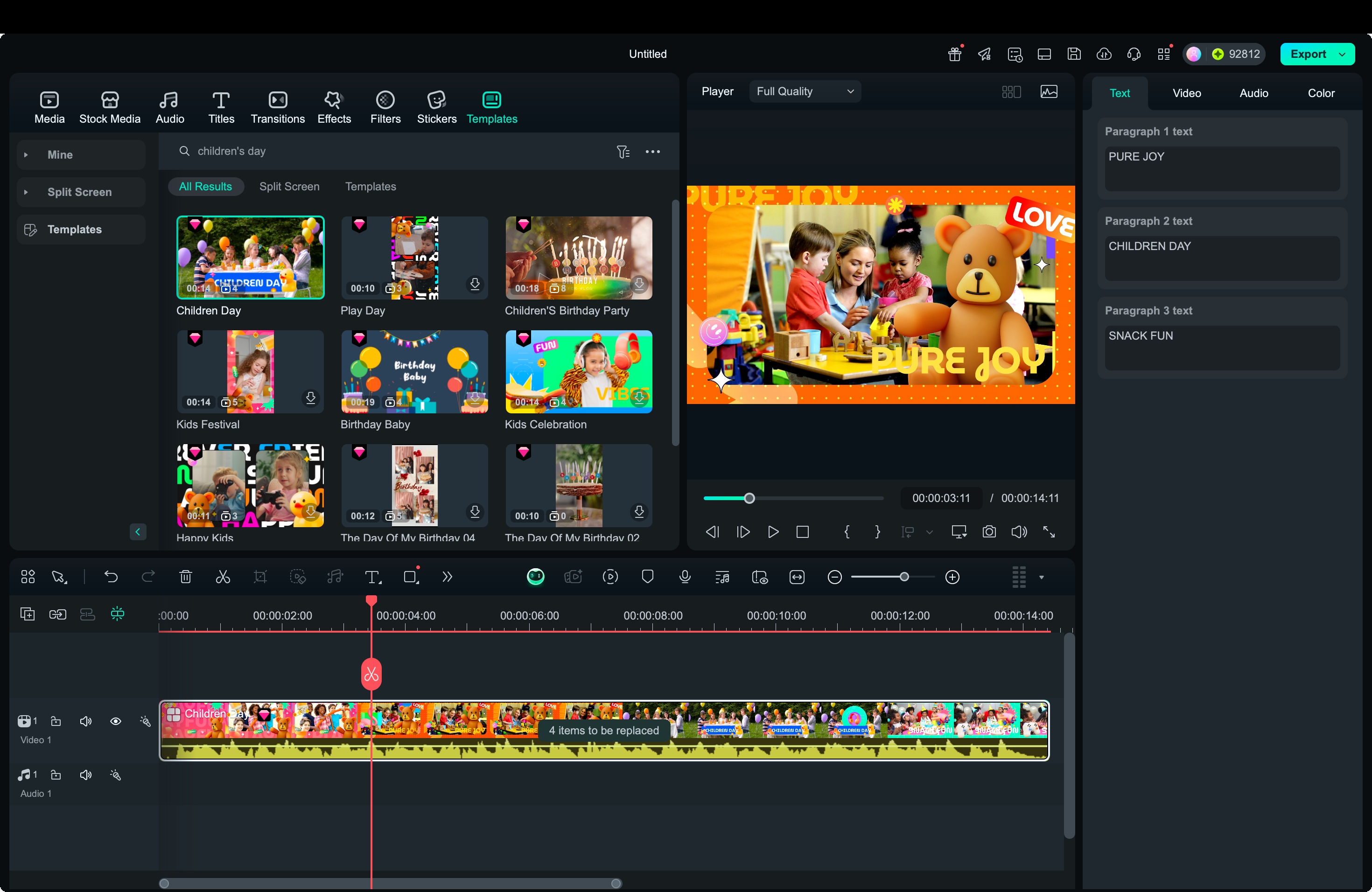 filmora children's day video templates