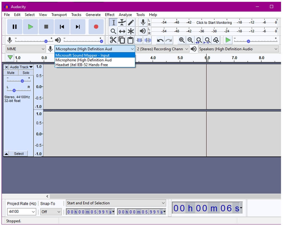 choisir le périphérique d'enregistrement audio dans audacity 