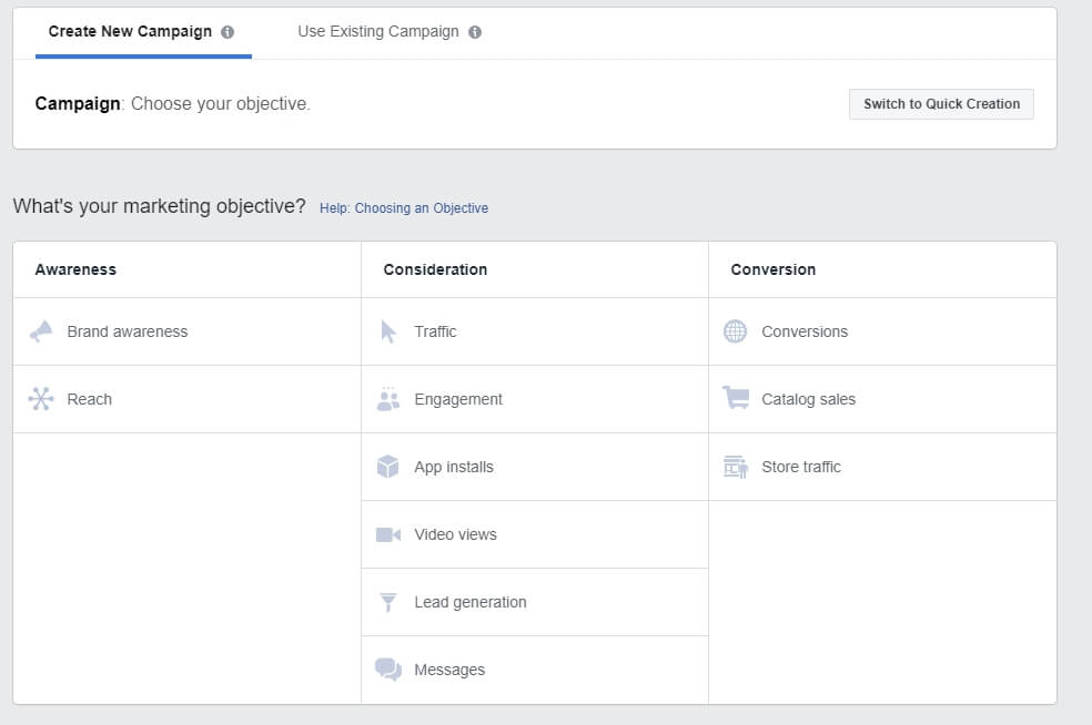 choosing Facebook campaign marketing objective 