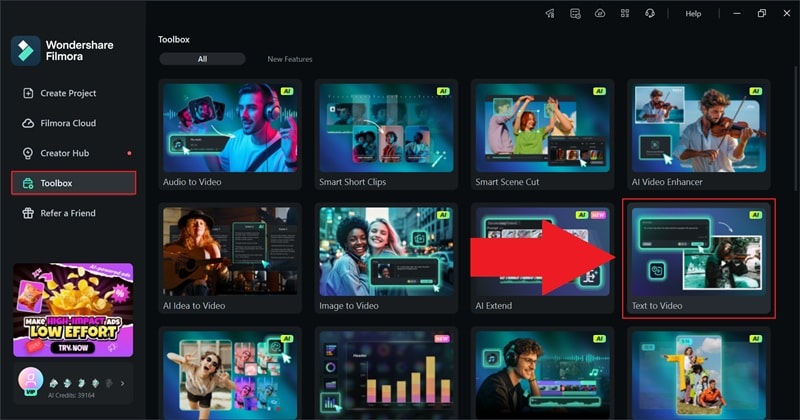 open the text to video feature