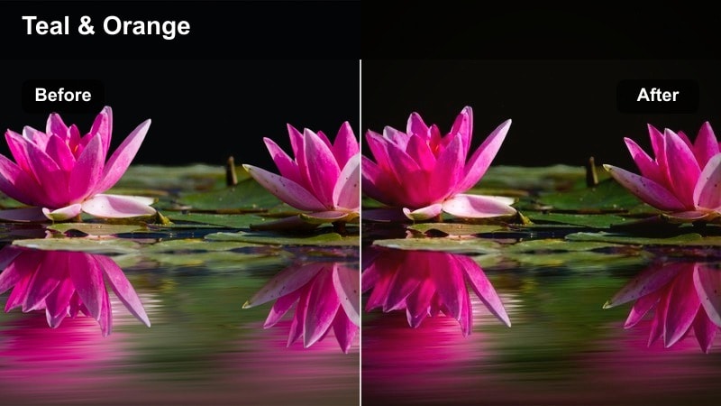 Inside a car at night driving through city lights with cinematic teal and amber colors.