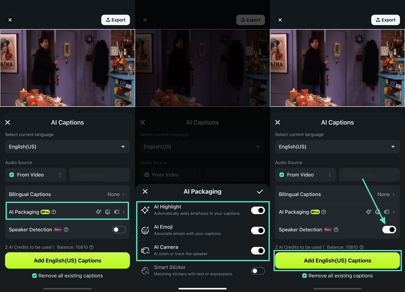 enable ai packaging and add captions