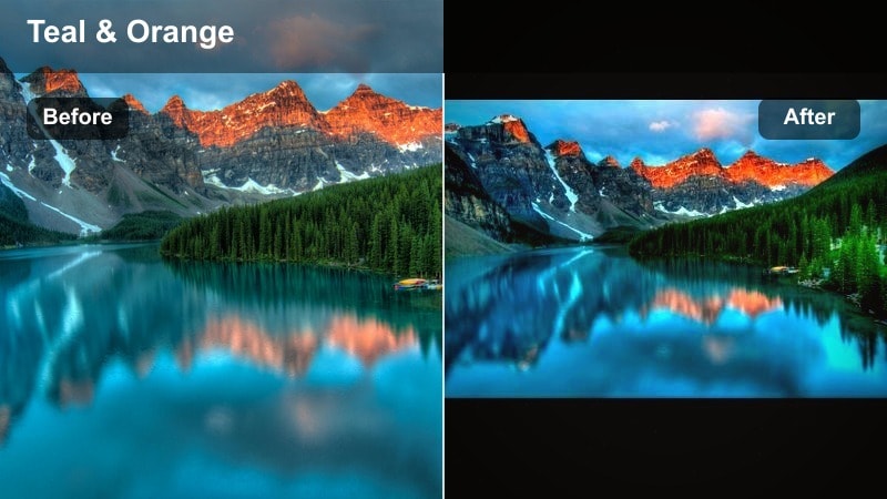 Cinematic teal and orange landscape filter on hiking video