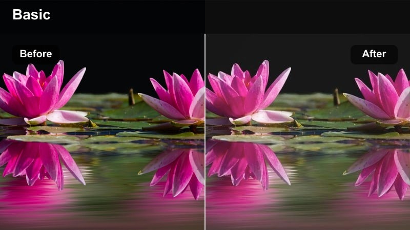 Urban street scene with a muted matte color grade on buildings and sidewalks.