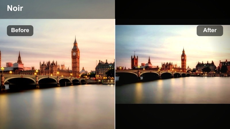 Noir-style TikTok filter with desaturated urban background and warm skin tones